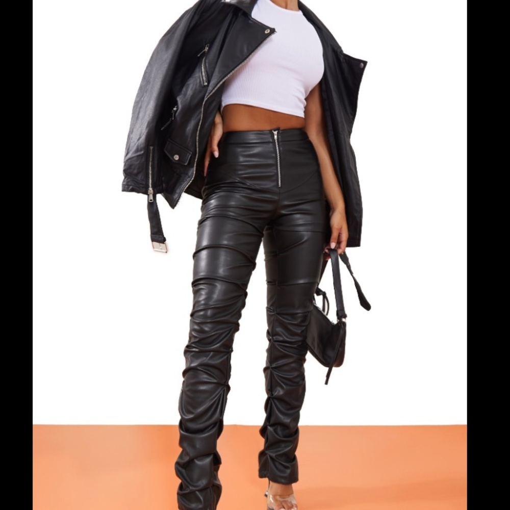 Black faux leather zip front pants